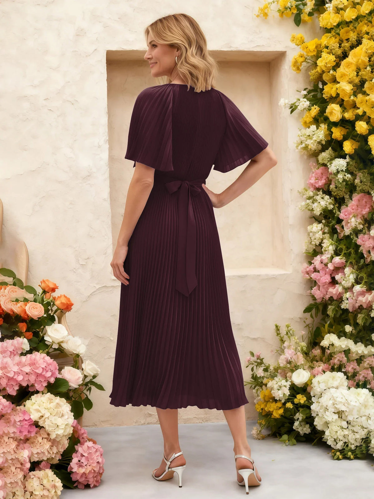 Steel Blue midi mother of the bride dress, alternate view showing the dress shape and hem