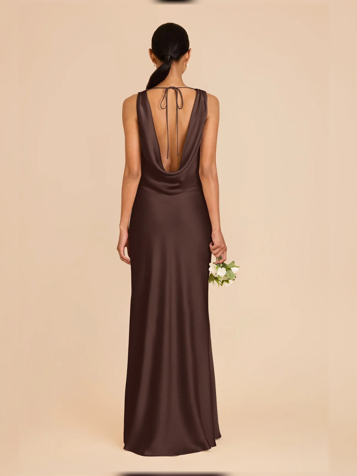 Espresso maxi bridesmaid dress, alternate view showing the dress shape and hem
