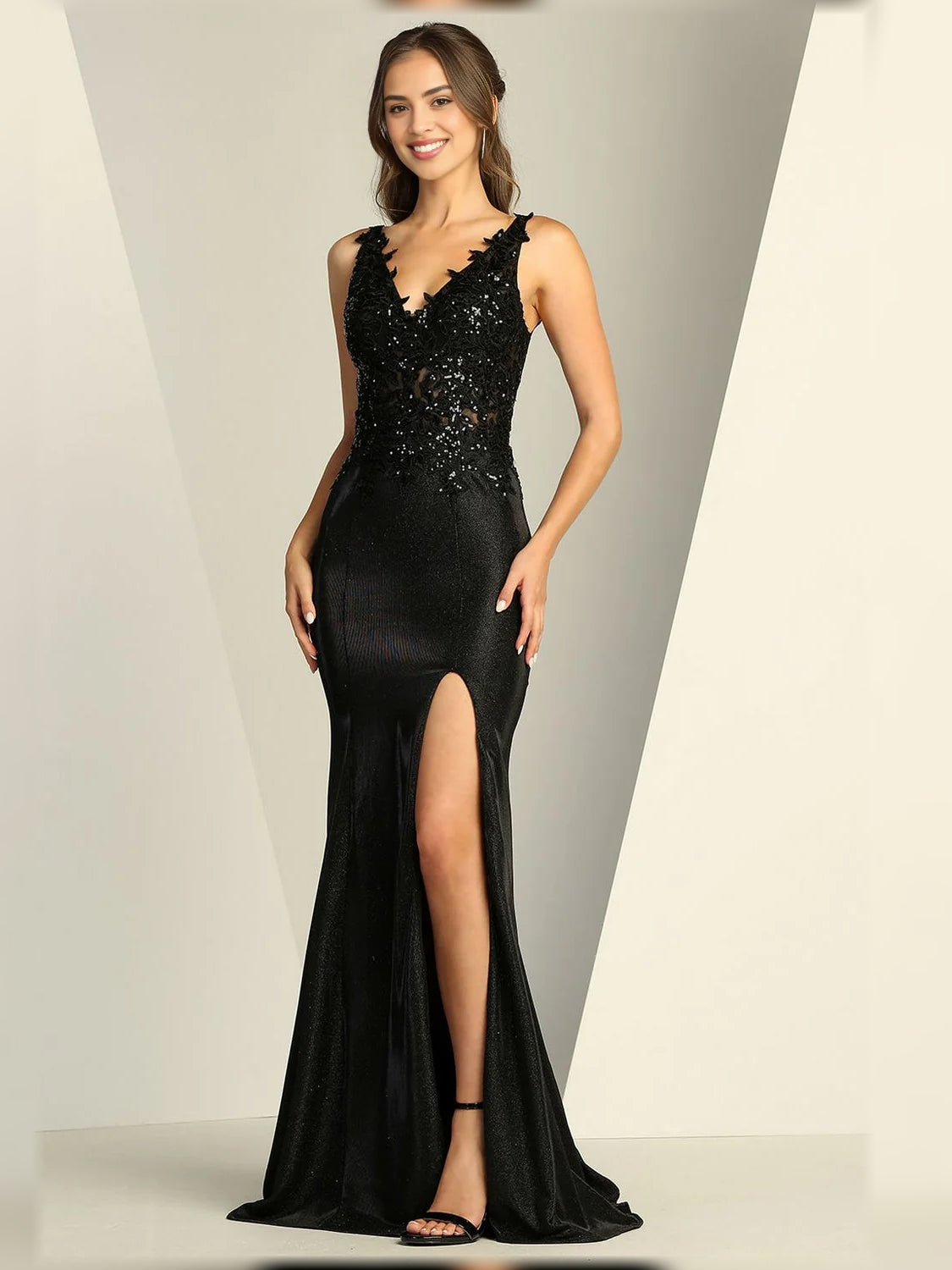 Black mermaid floor-length formal dress with skirt slit, alternate view