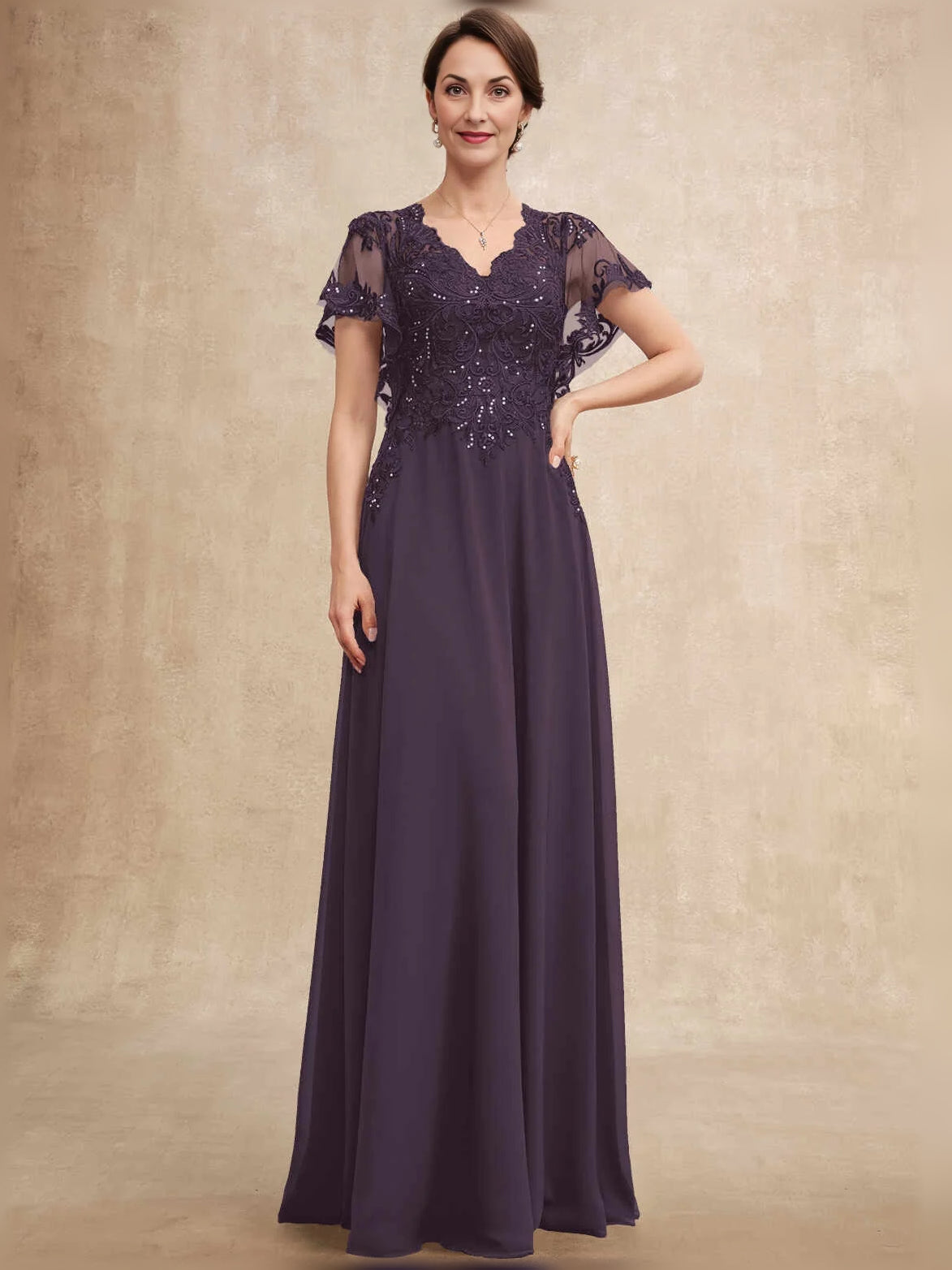 Deep Purple floor-length mother of the bride dress, alternate view showing the dress shape and hem