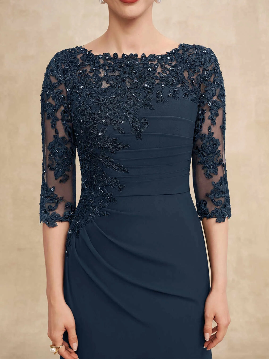 Dark Navy maxi mother of the bride dress, alternate view showing the dress shape and hem