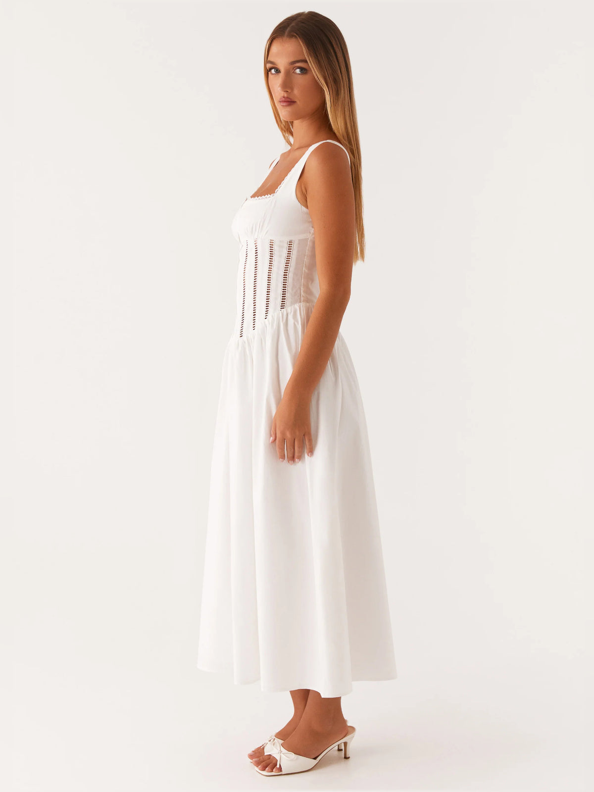 White midi formal dress, alternate view showing the bodice