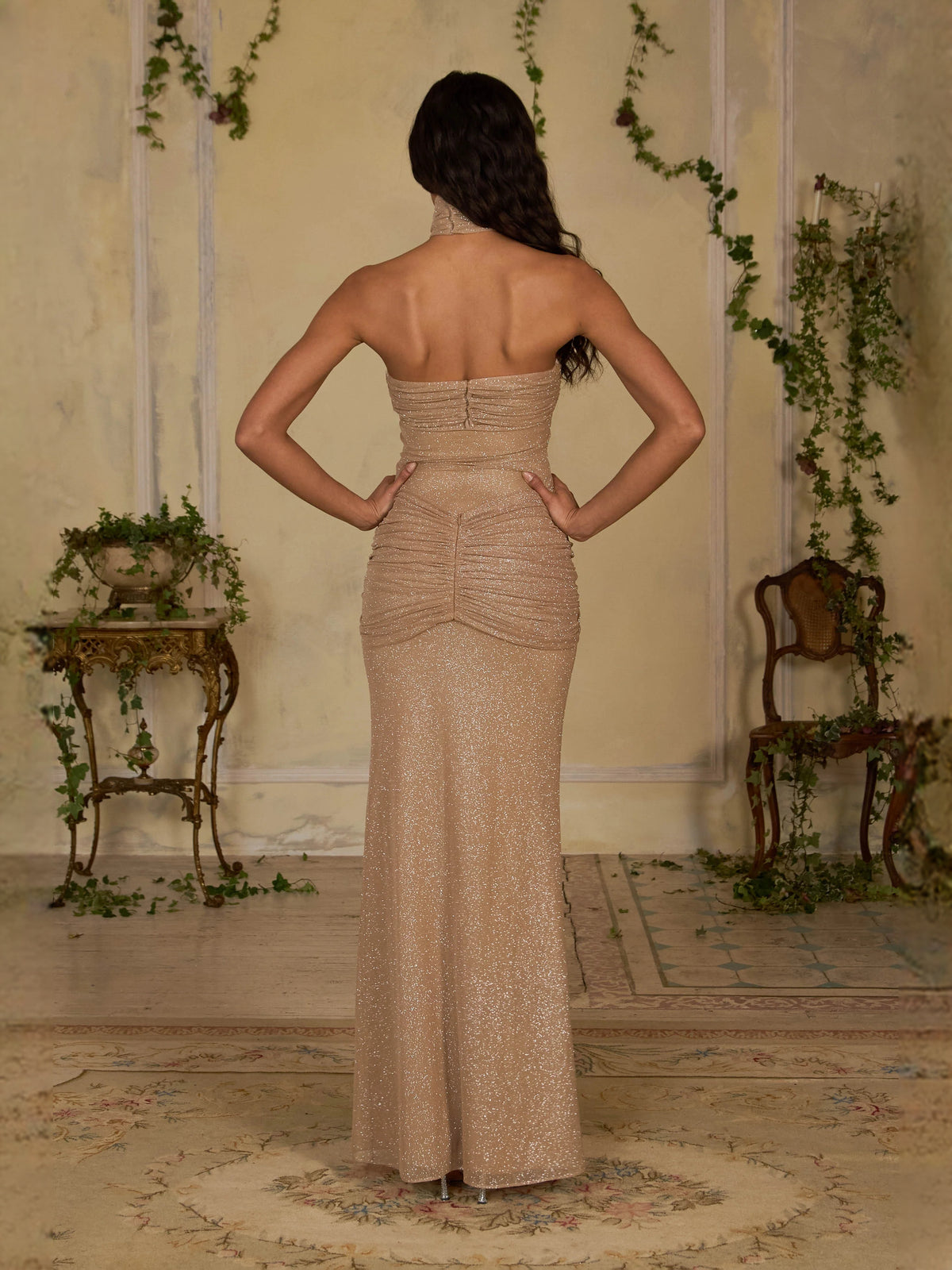 Champagne maxi prom dress, alternate view showing the dress shape and hem
