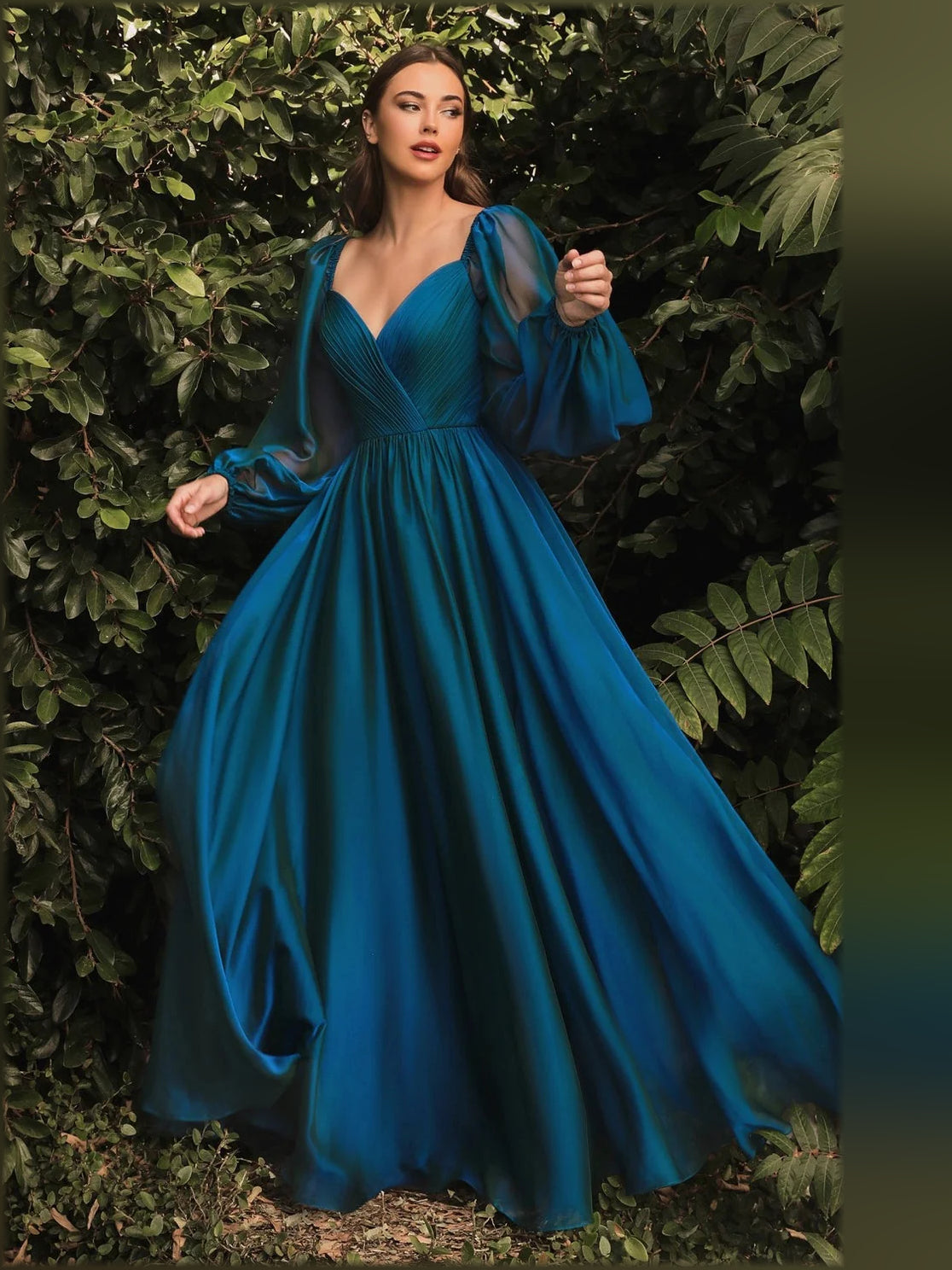 Teal a-line floor-length formal dress with pleated skirt, alternate view