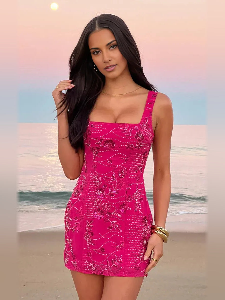 Magenta mini homecoming dress, alternate view showing the dress shape and hem