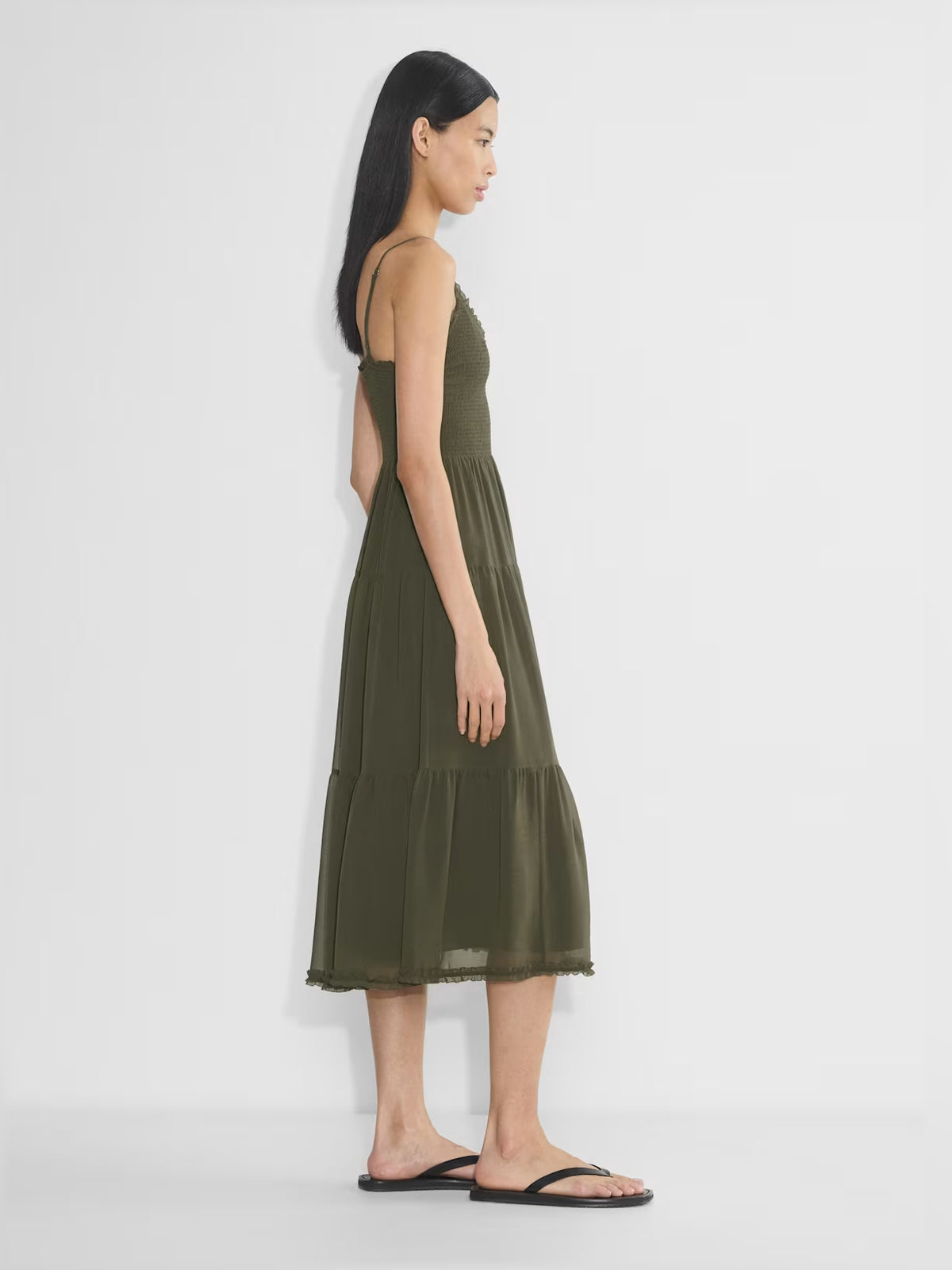 olive midi formal dress with tiered skirt, alternate view showing the bodice