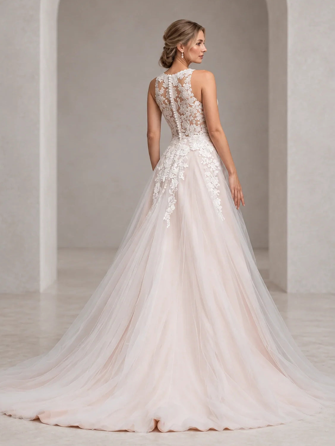 Ivory floor-length wedding dress, alternate view showing the dress shape and hem