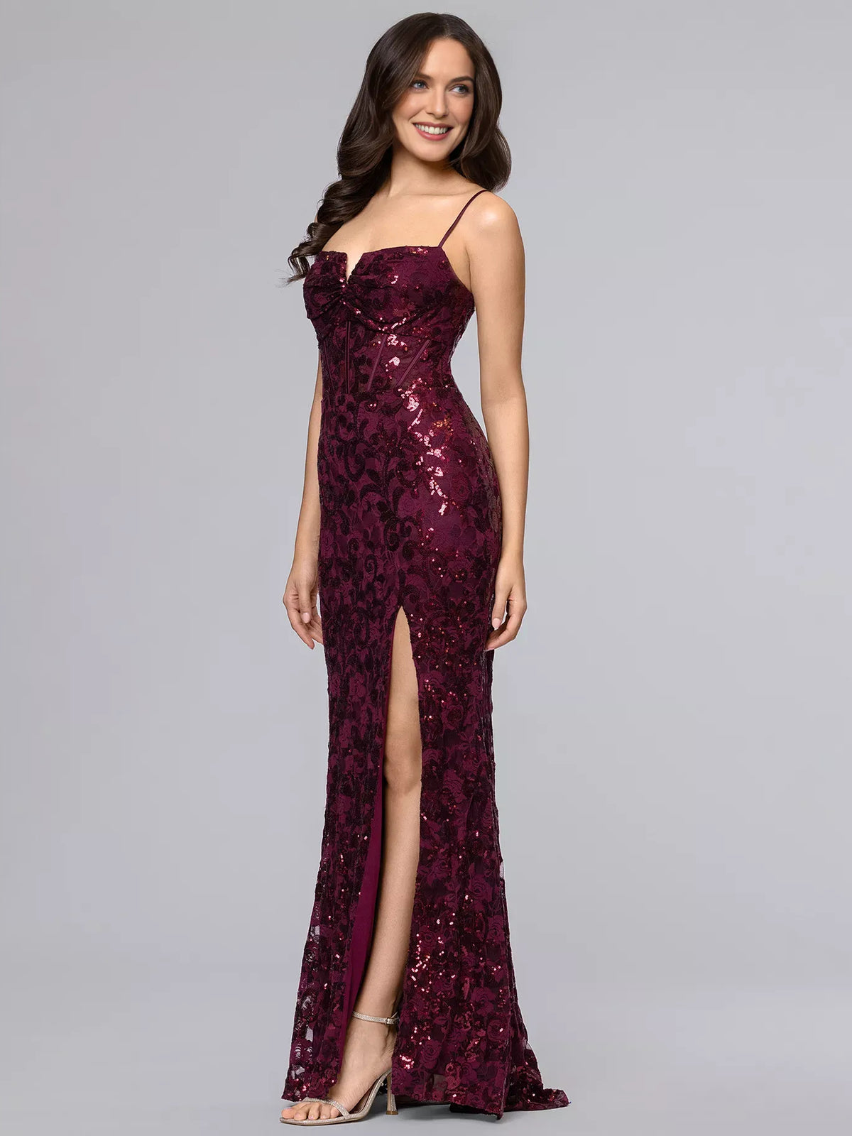 Wine mermaid floor-length formal dress with corset-style bodice, alternate view