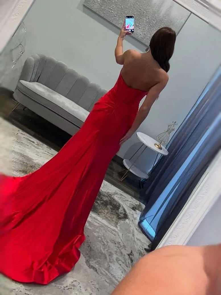 Red maxi prom dress, back view showing the rear of the dress