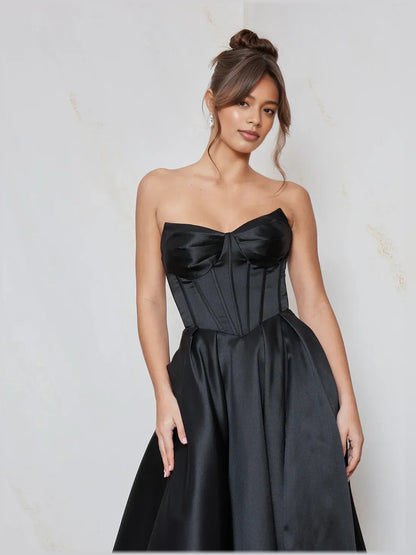 Black a-line floor-length formal dress with corset-style bodice, alternate view showing the bodice