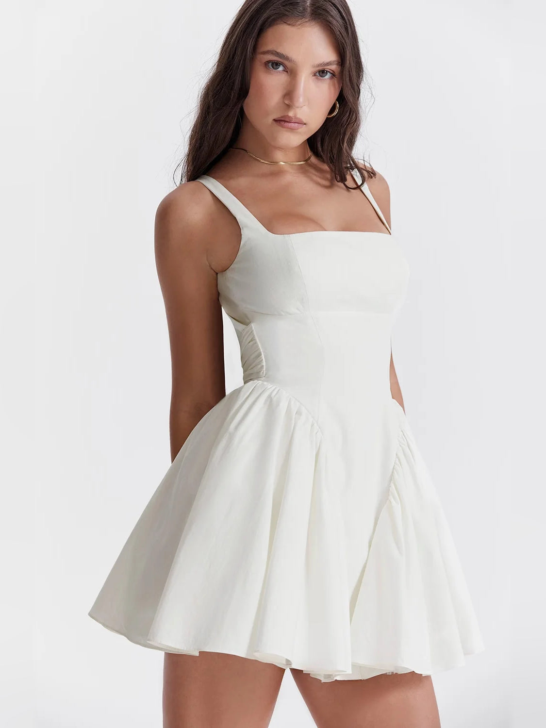 Ivory mini homecoming dress, alternate view showing the dress shape and hem