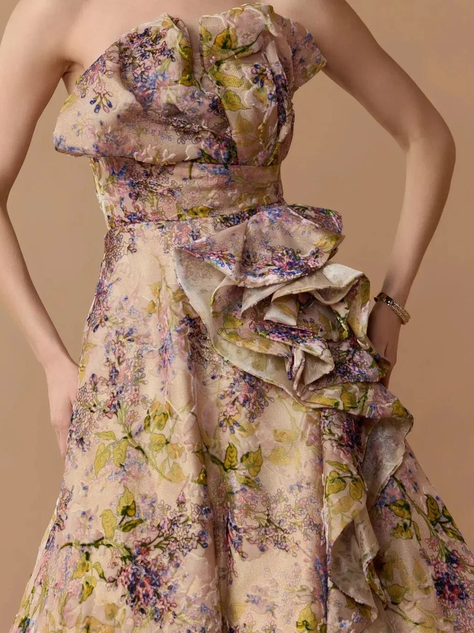 Champagne floor-length mother of the bride dress, alternate view showing the dress shape and hem