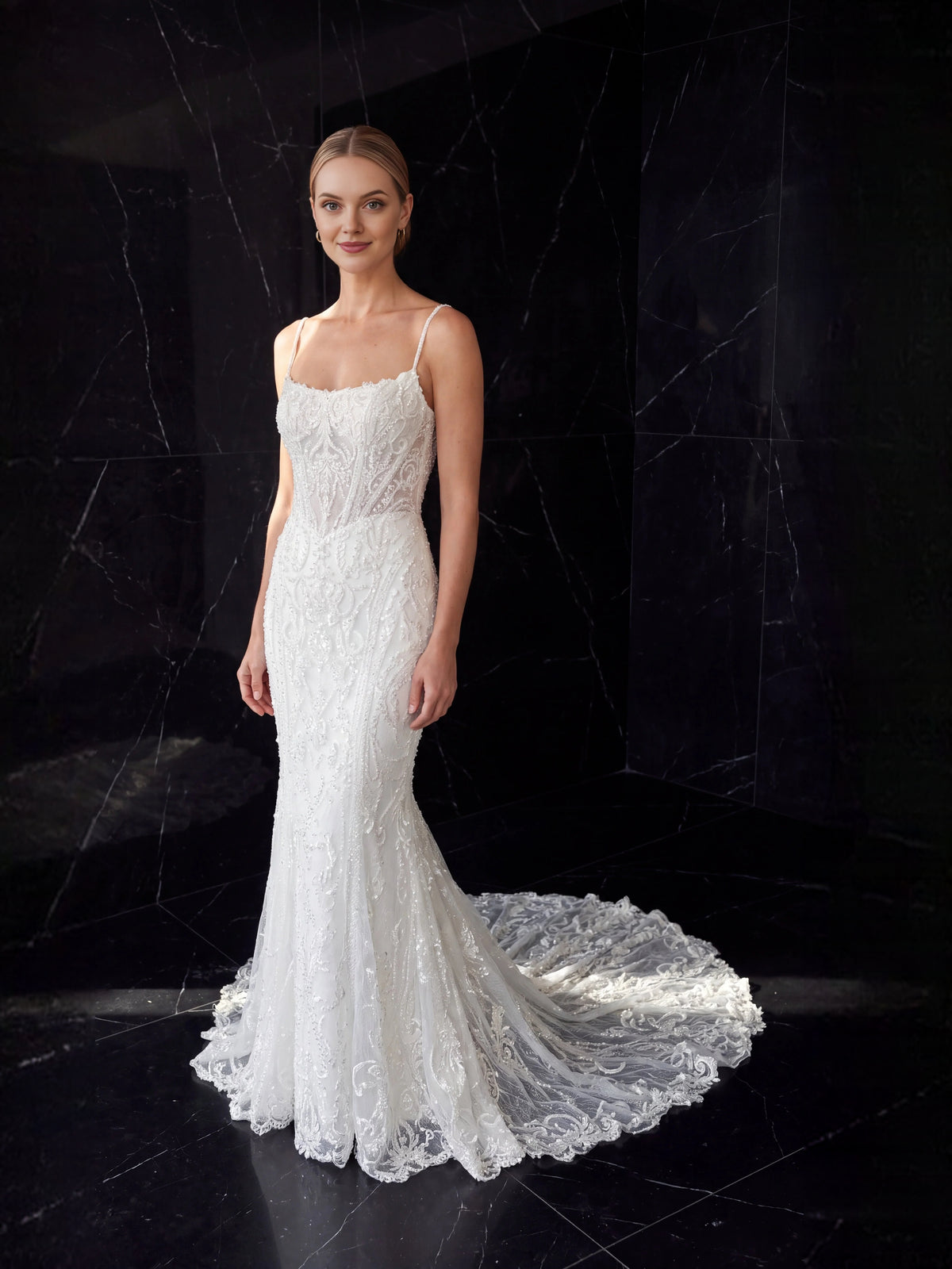 Ivory floor-length wedding dress, alternate view showing the dress shape and hem