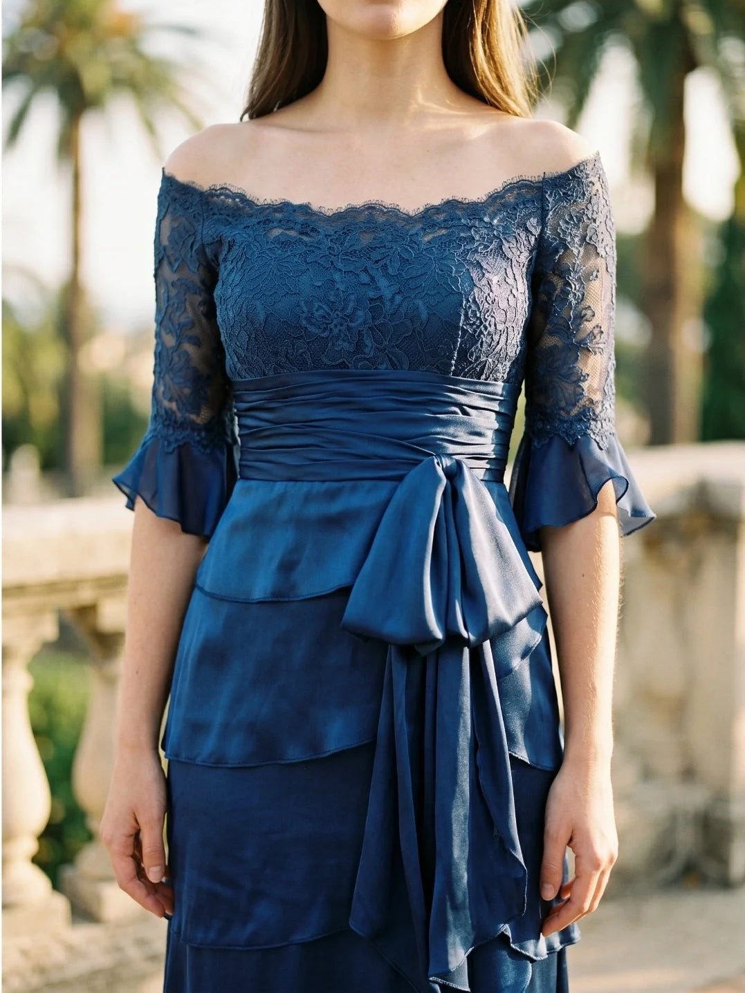 Dark Blue floor-length mother of the bride dress, alternate view showing the dress shape and hem