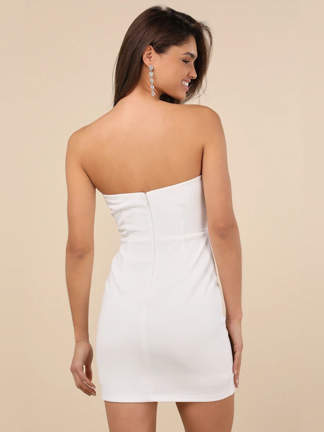 White mini homecoming dress, alternate view showing the dress shape and hem