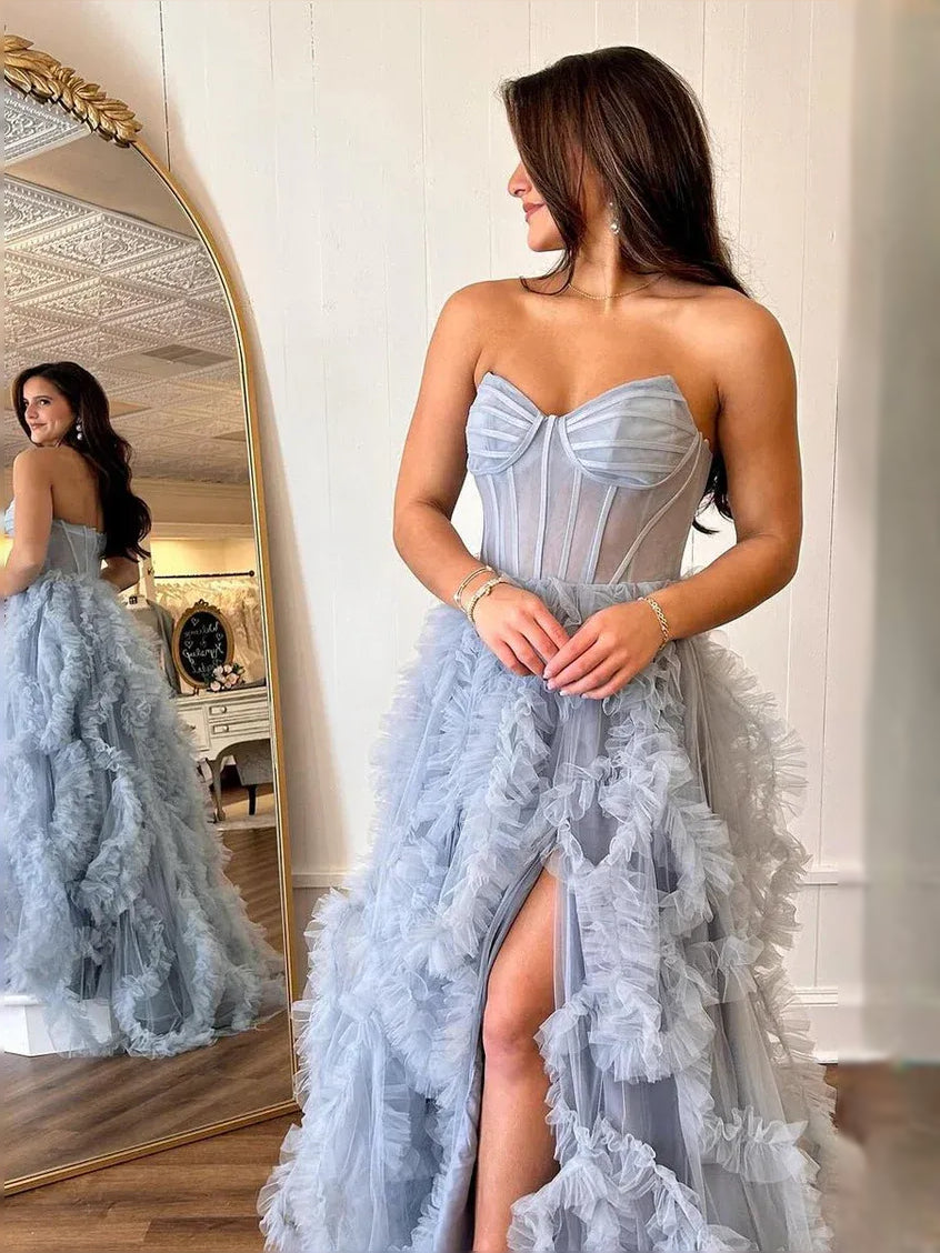 Dusty Blue floor-length prom dress, alternate view showing the dress shape and hem