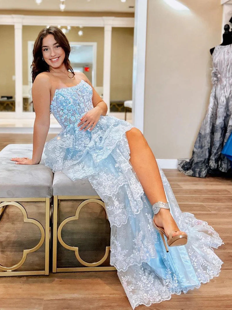 Light Blue high-low prom dress, alternate view showing the dress shape and hem