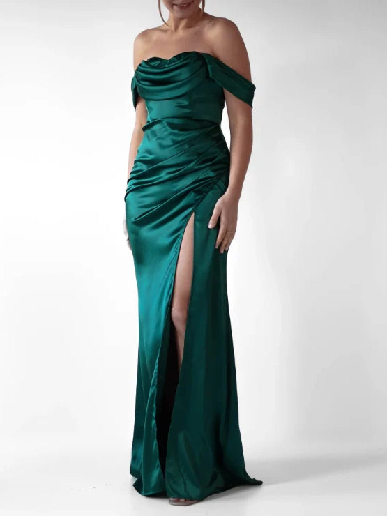 Peacock sheath floor-length formal dress with skirt slit, alternate view showing the bodice