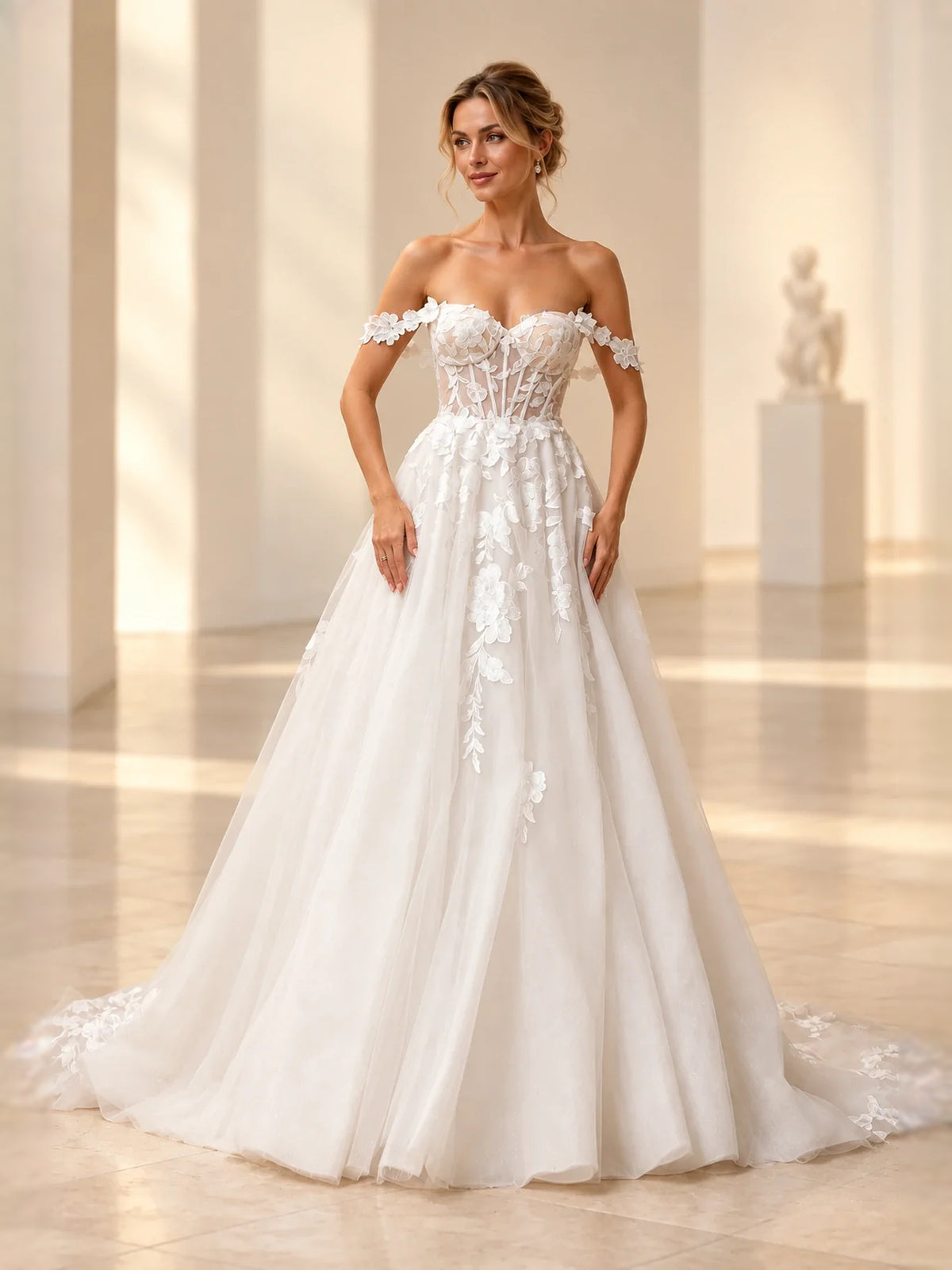 Ivory floor-length wedding dress, alternate view showing the dress shape and hem