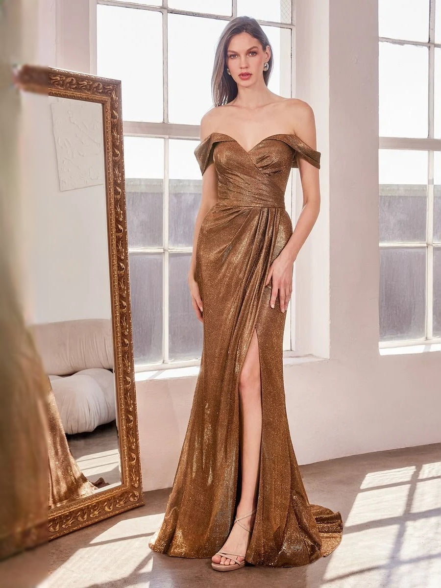 Bronze floor-length prom dress, front view showing the mermaid silhouette