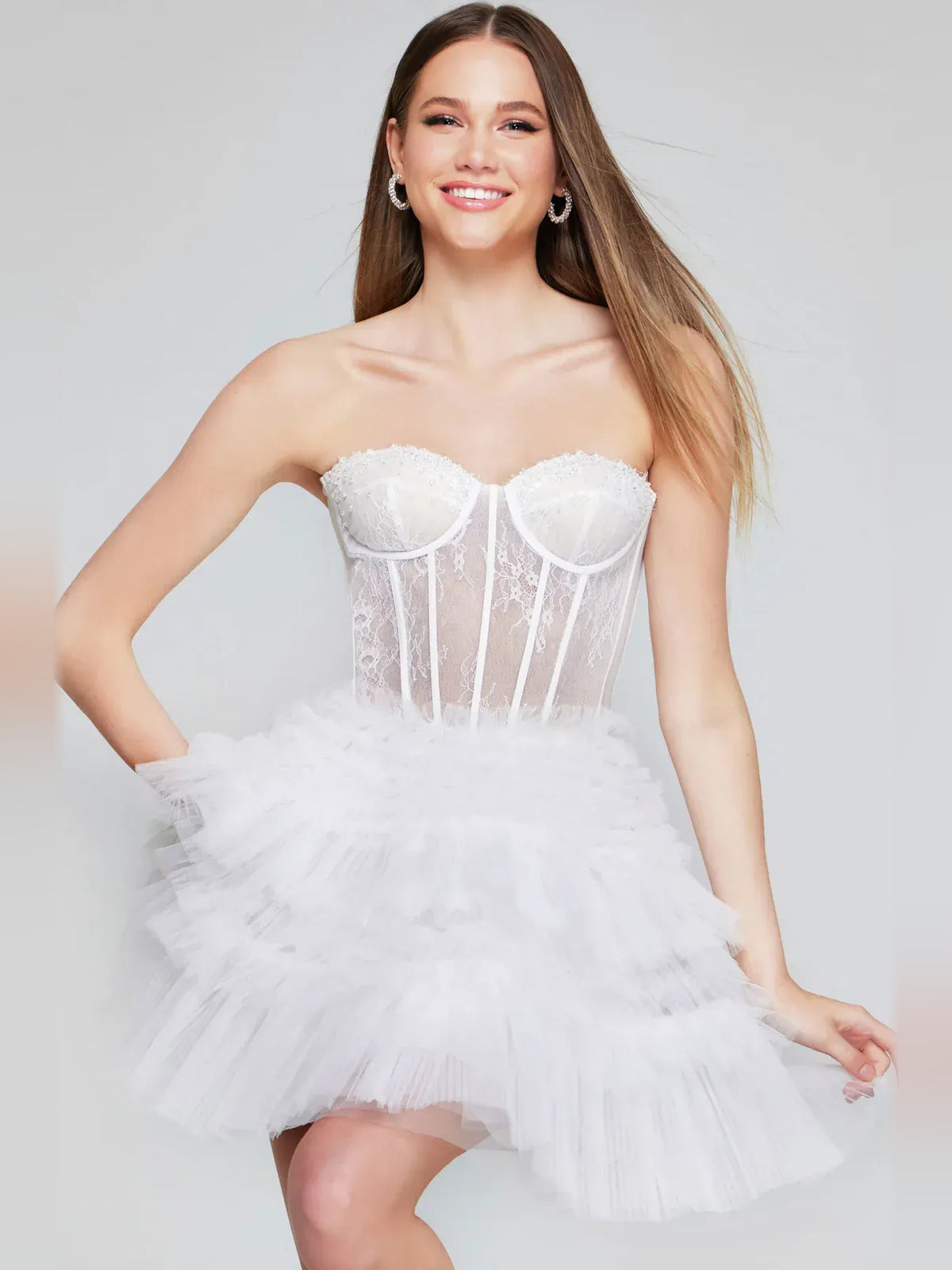 White short homecoming dress, alternate view showing the dress shape and hem