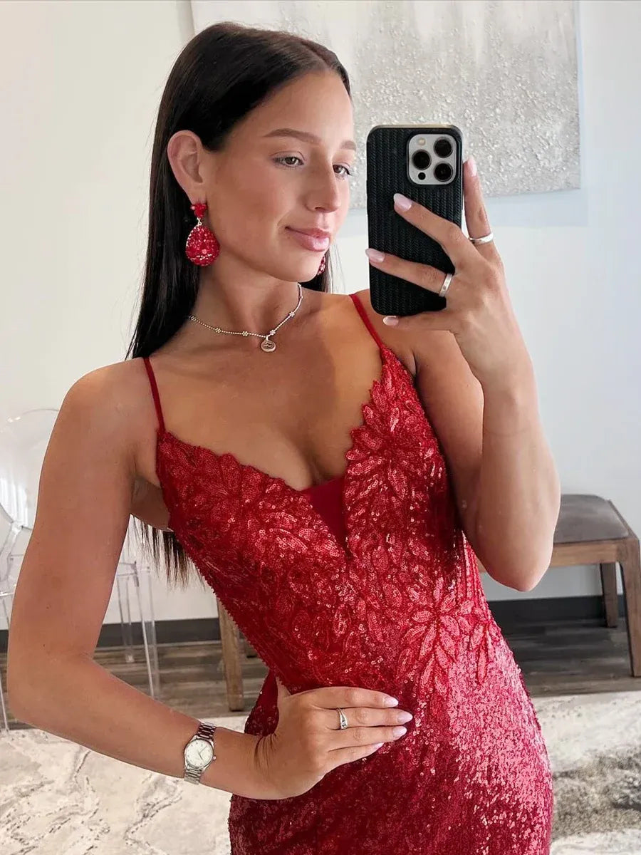 Red floor-length prom dress, alternate view showing the dress shape and hem