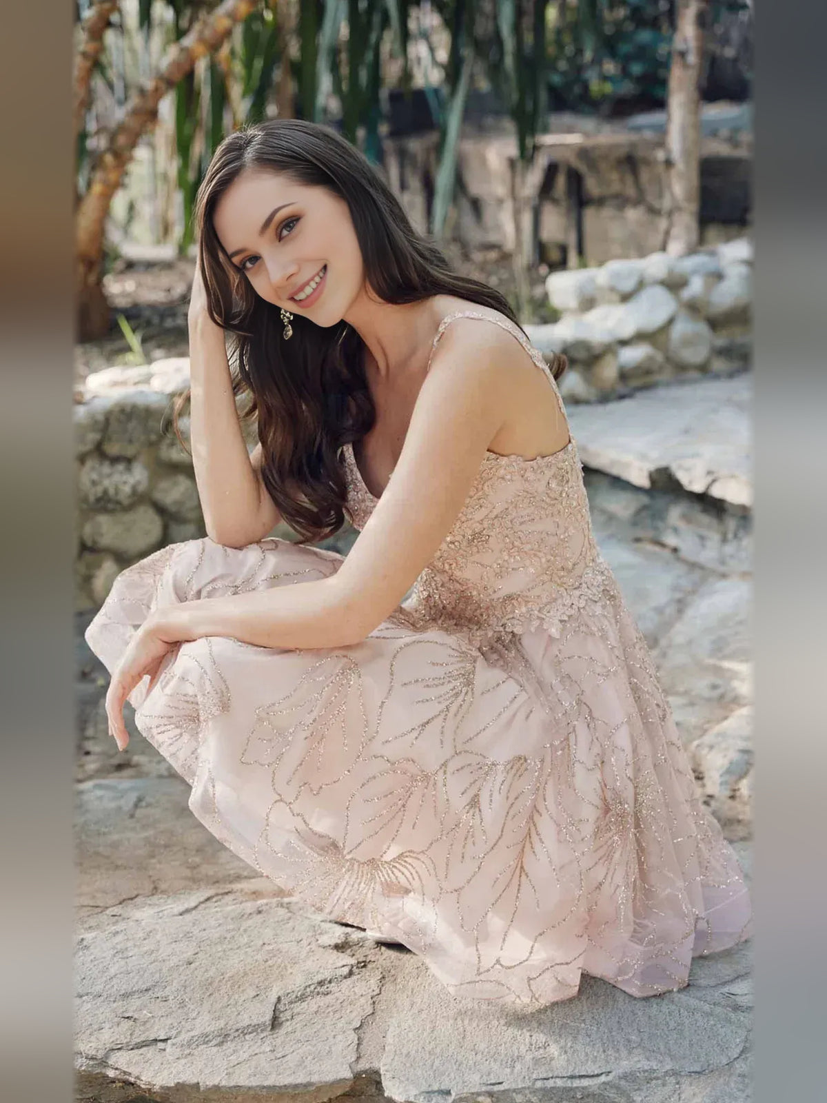 Champagne mini homecoming dress, alternate view showing the dress shape and hem