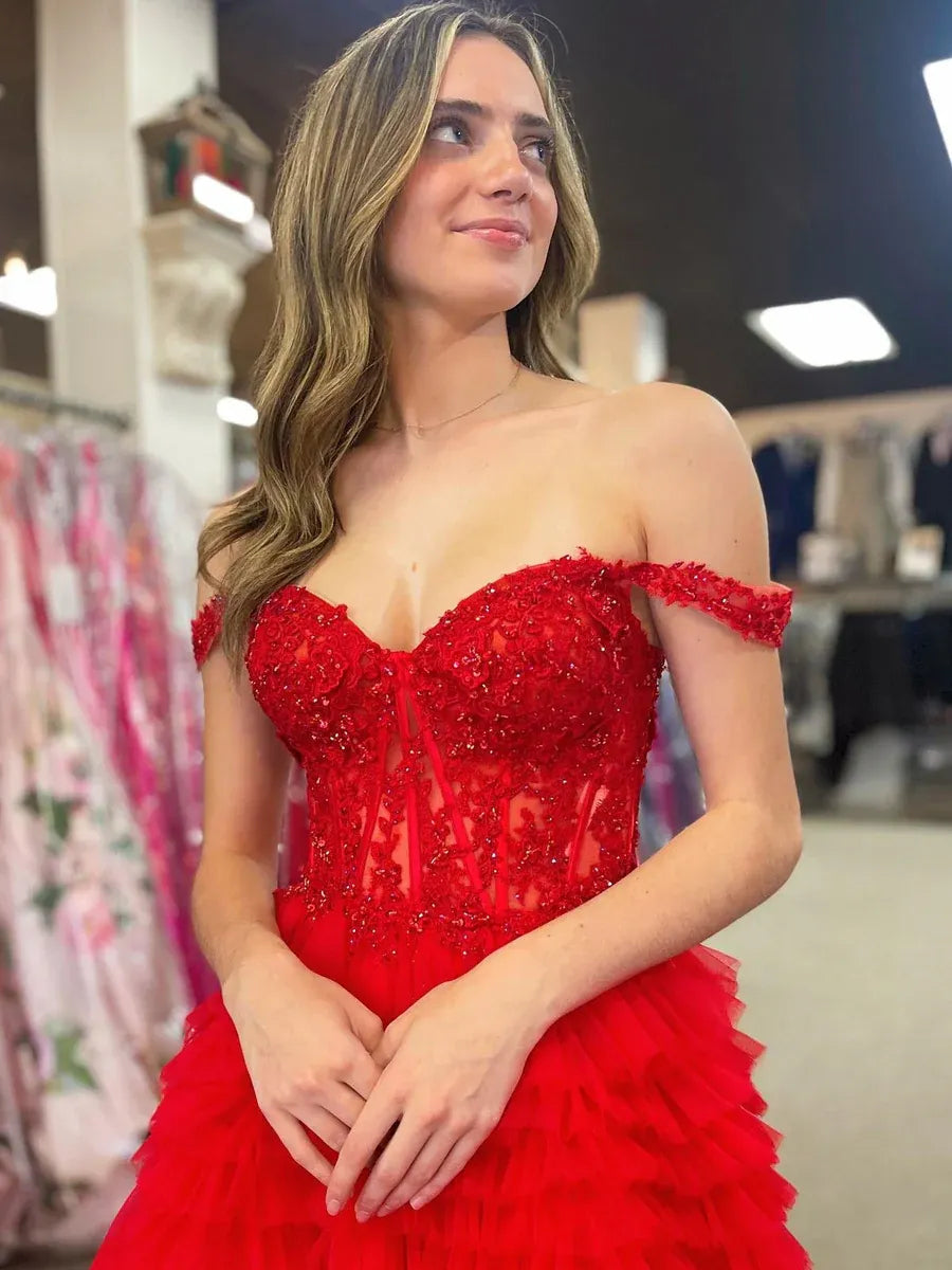 Red maxi prom dress, alternate view showing the dress shape and hem