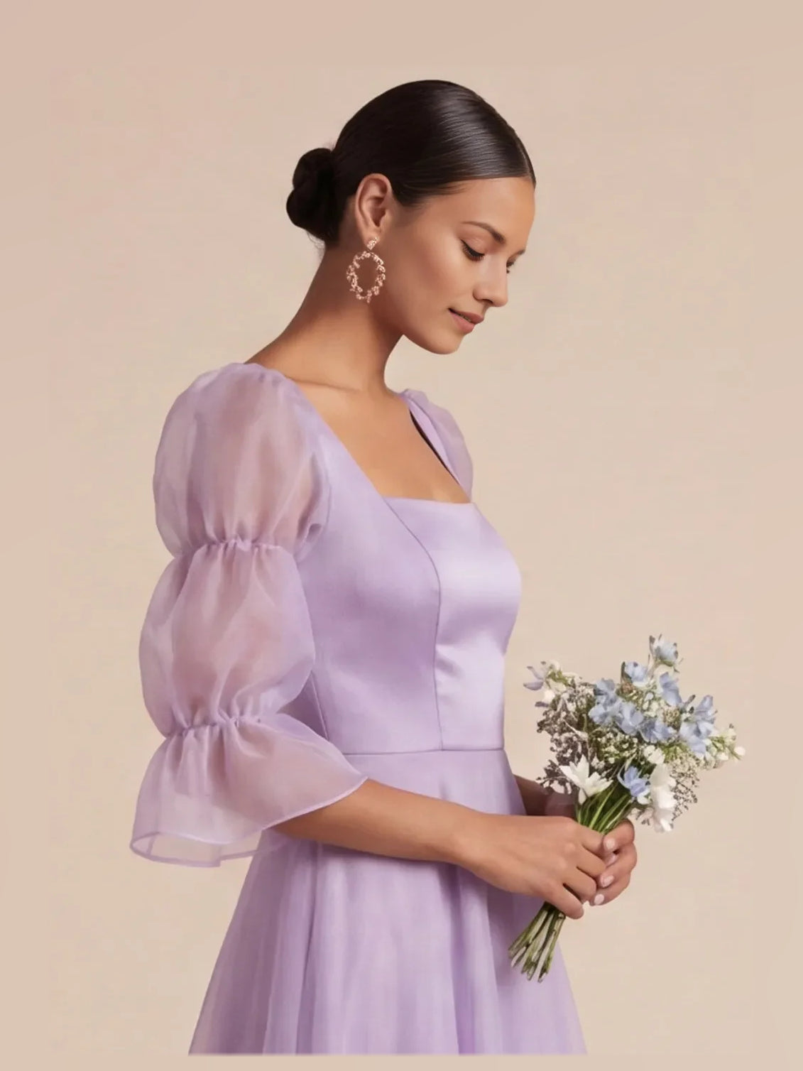 Lilac maxi bridesmaid dress, alternate view showing the dress shape and hem
