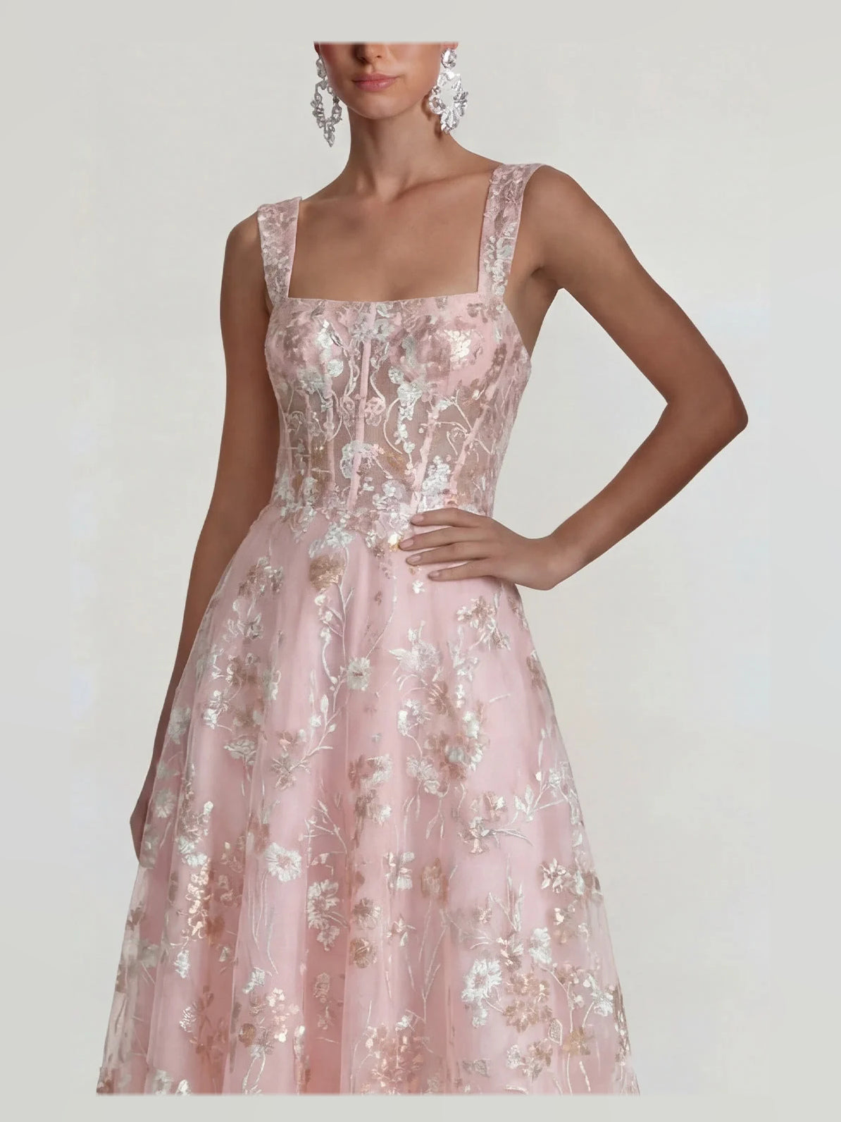 Blush Pink midi prom dress, alternate view showing the dress shape and hem