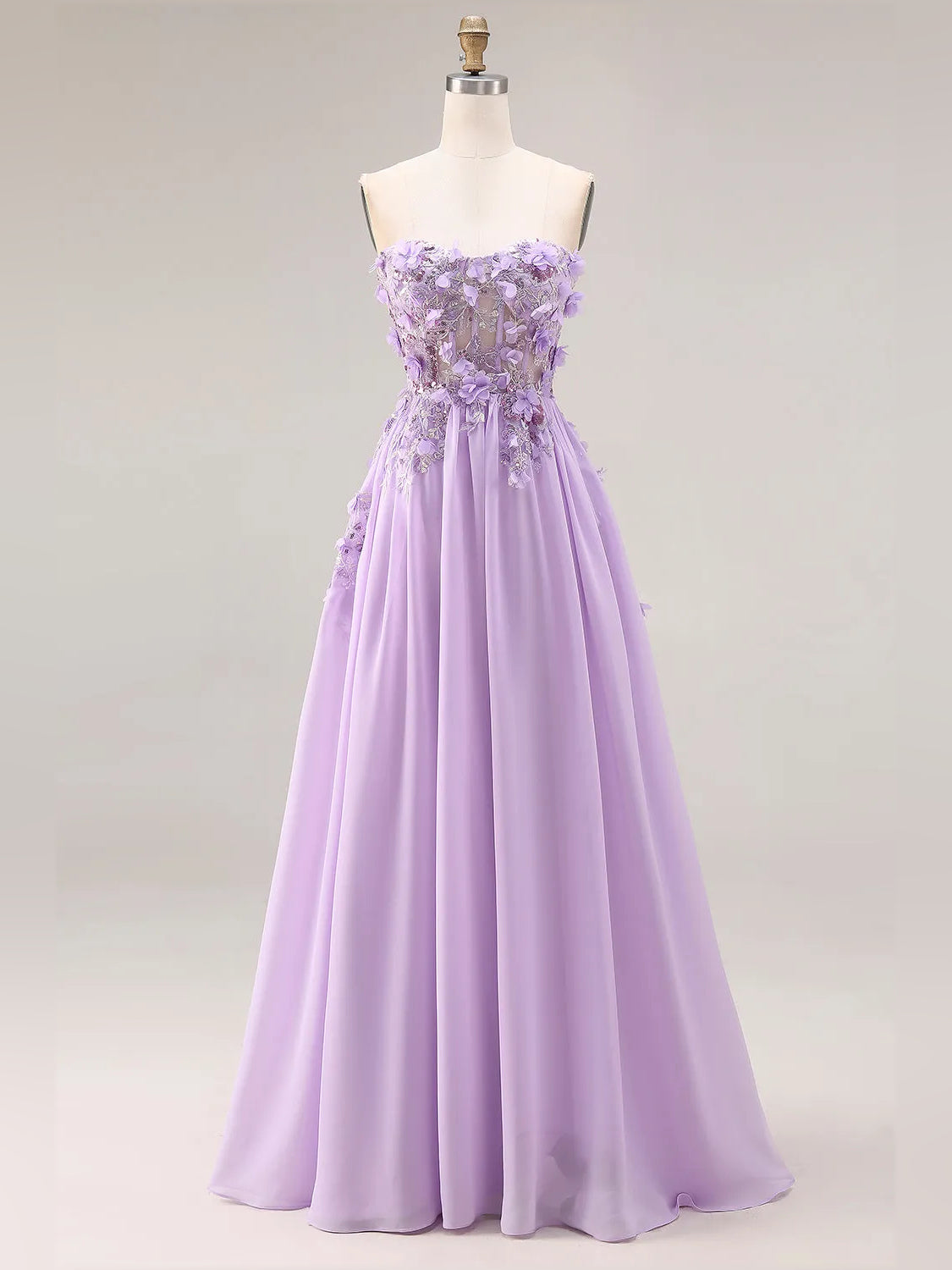 Lilac floor-length prom dress, alternate view showing the dress shape and hem