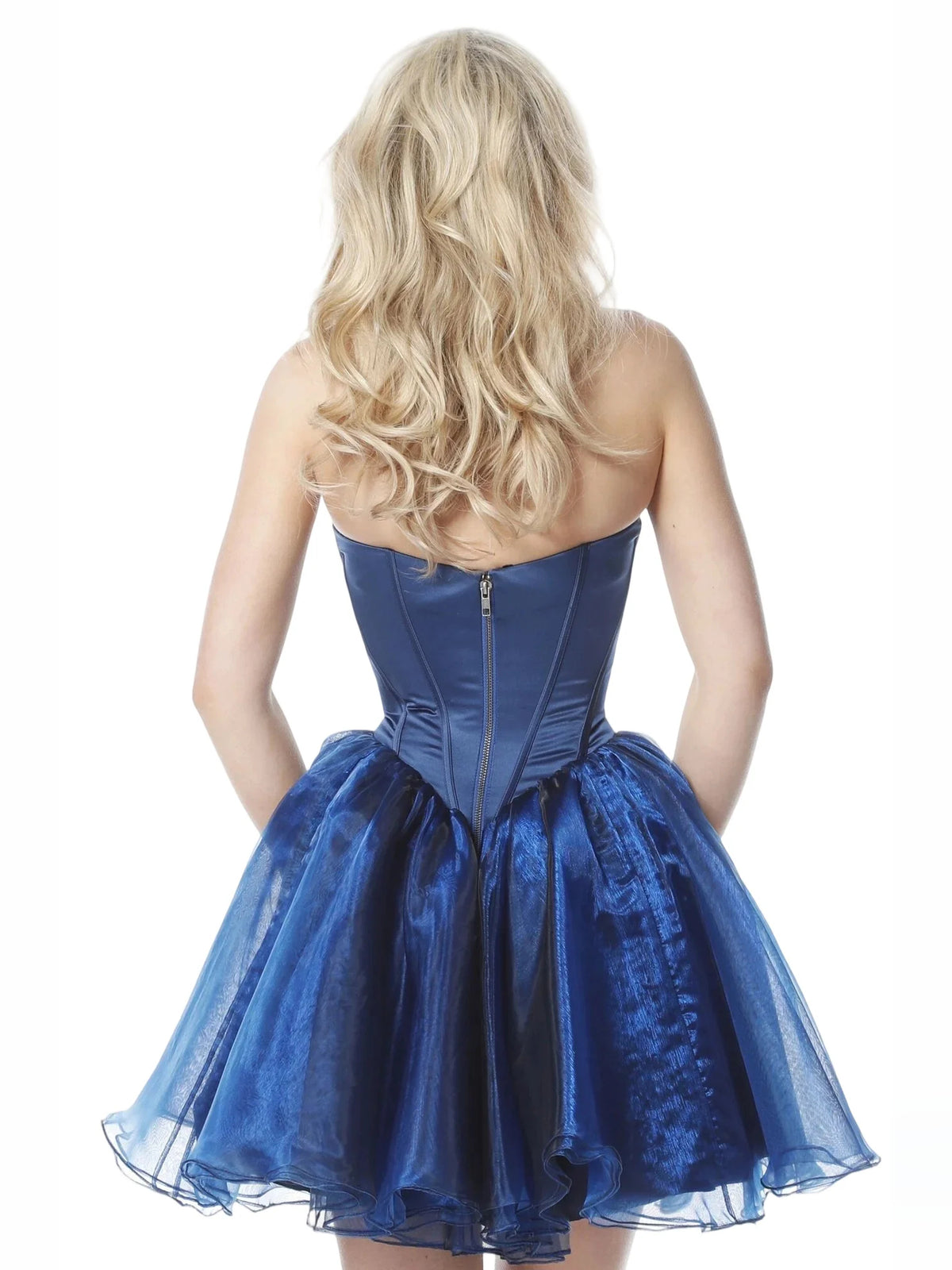 Sky Blue short homecoming dress, alternate view showing the dress shape and hem
