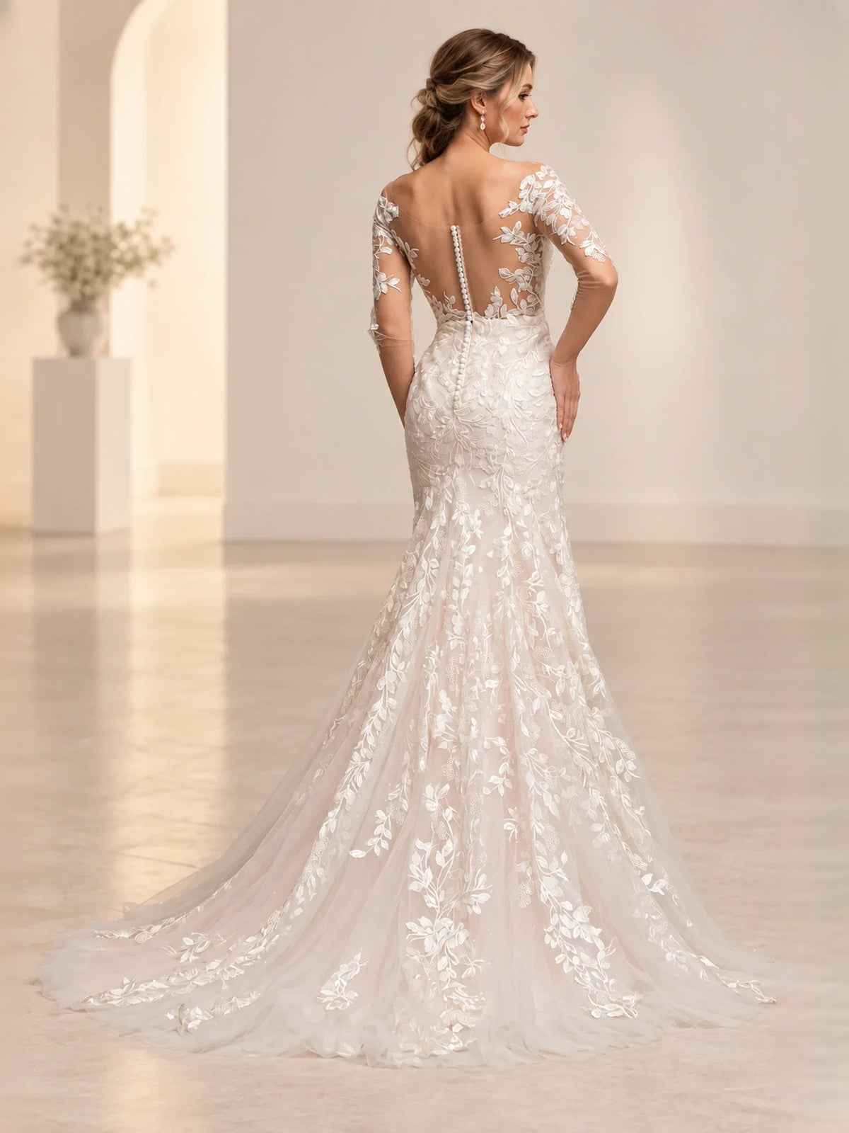 Ivory floor-length wedding dress, alternate view showing the dress shape and hem
