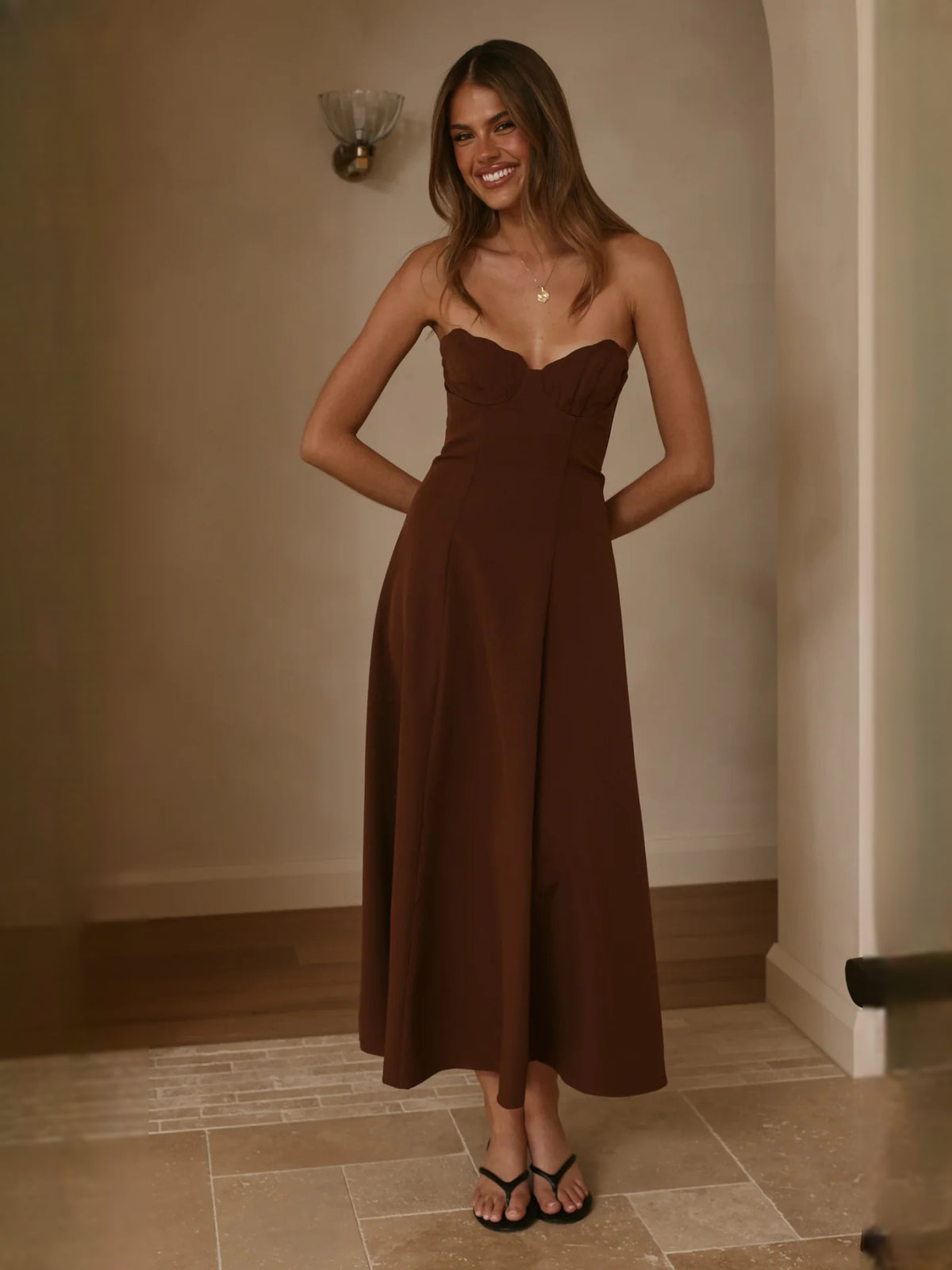 Chocolate midi formal dress with strapless neckline, alternate view showing the bodice
