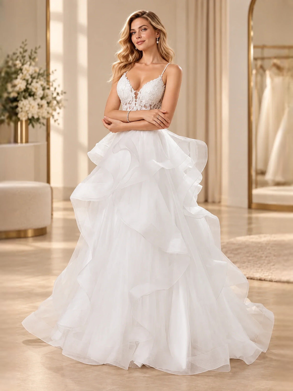 Ivory floor-length wedding dress, alternate view showing the dress shape and hem