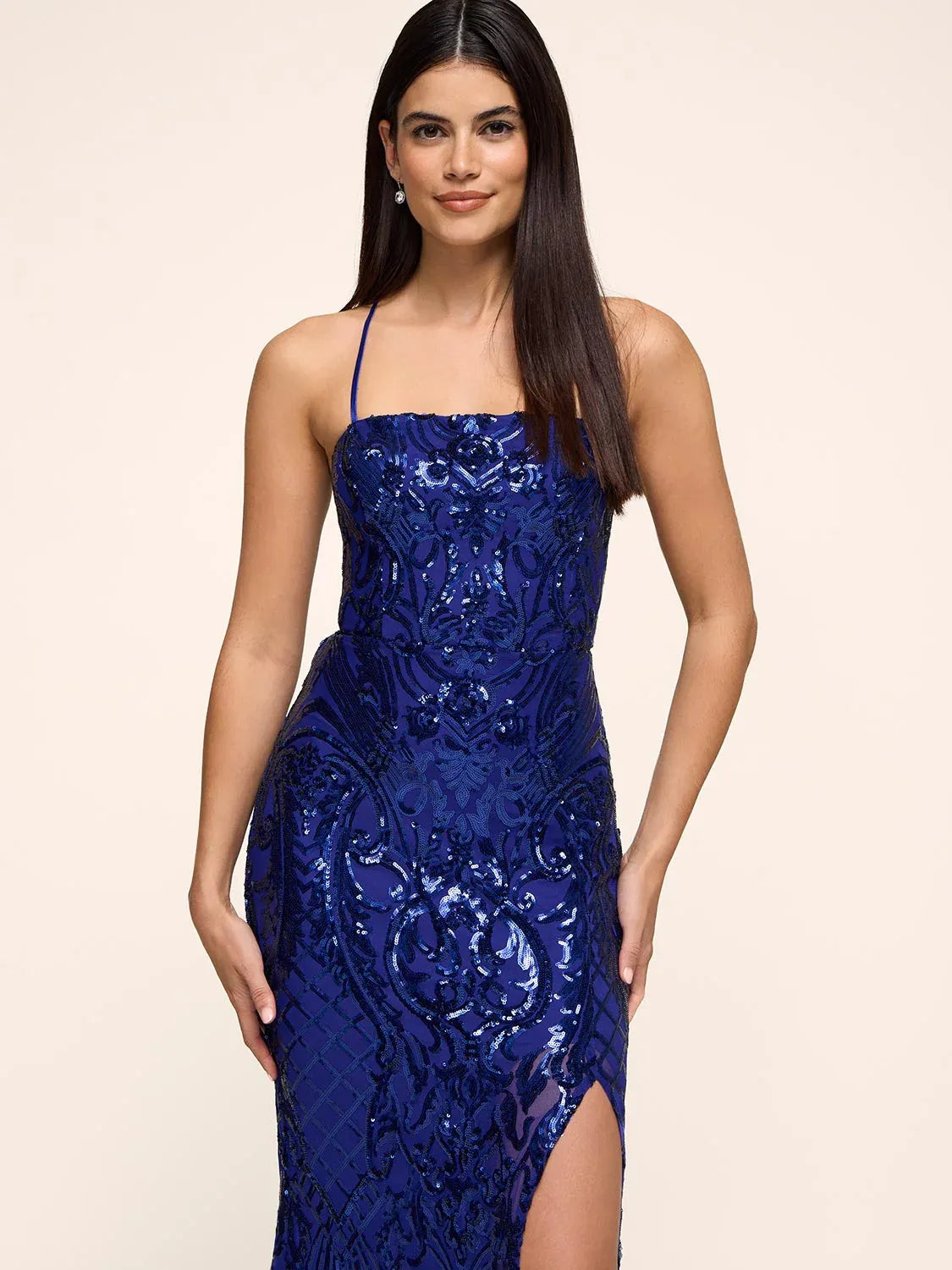 Royal Blue mermaid floor-length formal dress with embroidery, alternate view