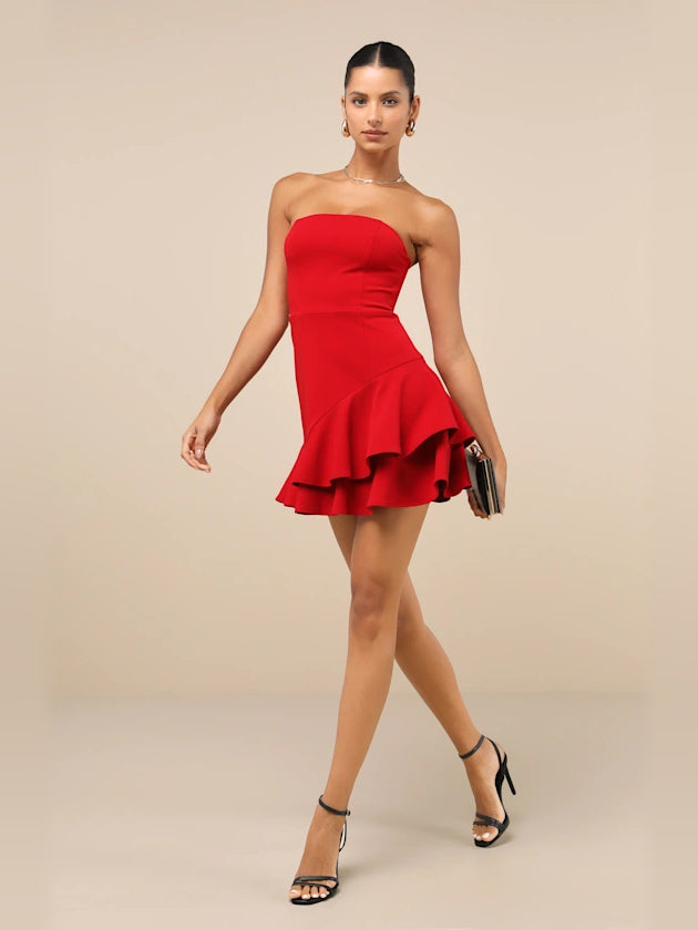 Red mini homecoming dress, alternate view showing the dress shape and hem