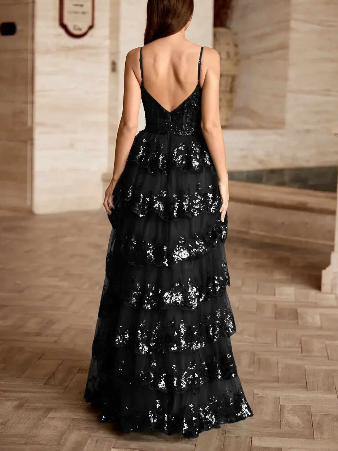 Black floor-length prom dress, alternate view showing the dress shape and hem