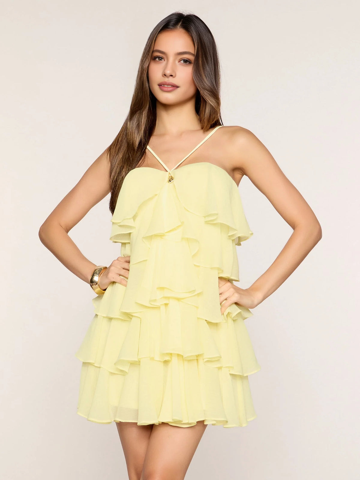 Canary mini homecoming dress, alternate view showing the dress shape and hem
