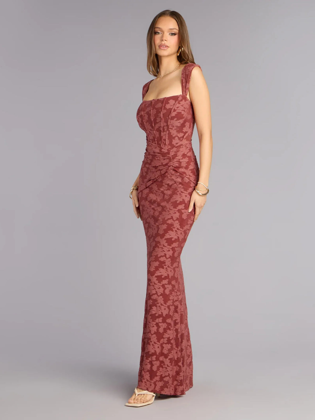 Floral mermaid floor-length formal dress with corset-style bodice, alternate view