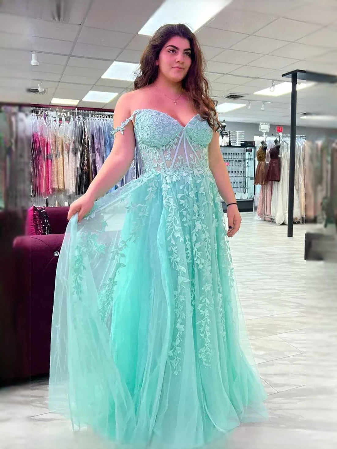 Mint Green maxi prom dress, back view showing the rear of the dress from another angle