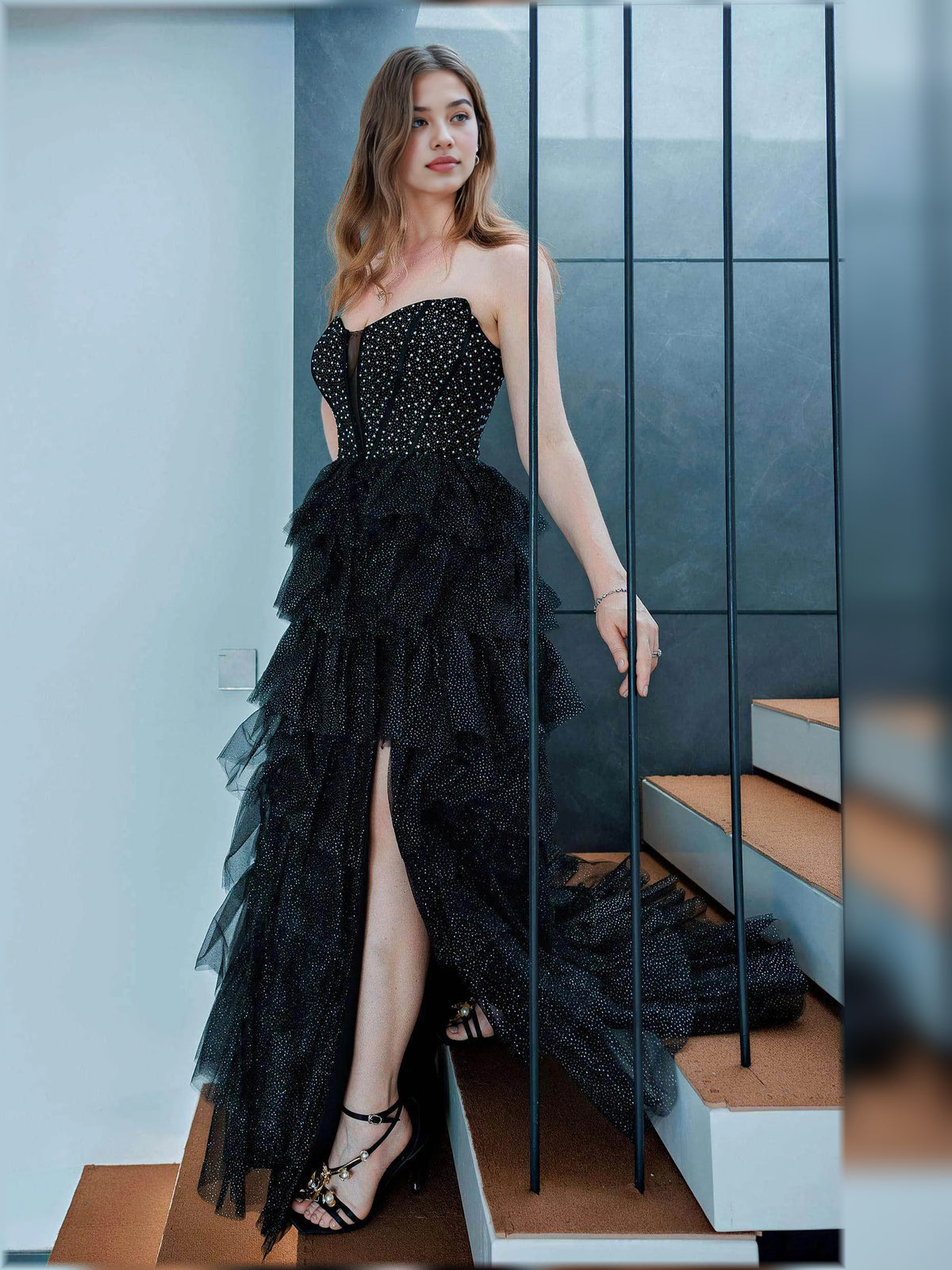 Black a-line floor-length formal dress with skirt slit, alternate view
