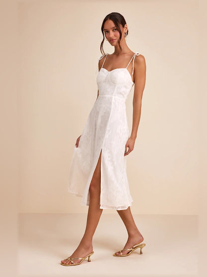 White Floral midi formal dress with floral print, alternate view showing the bodice