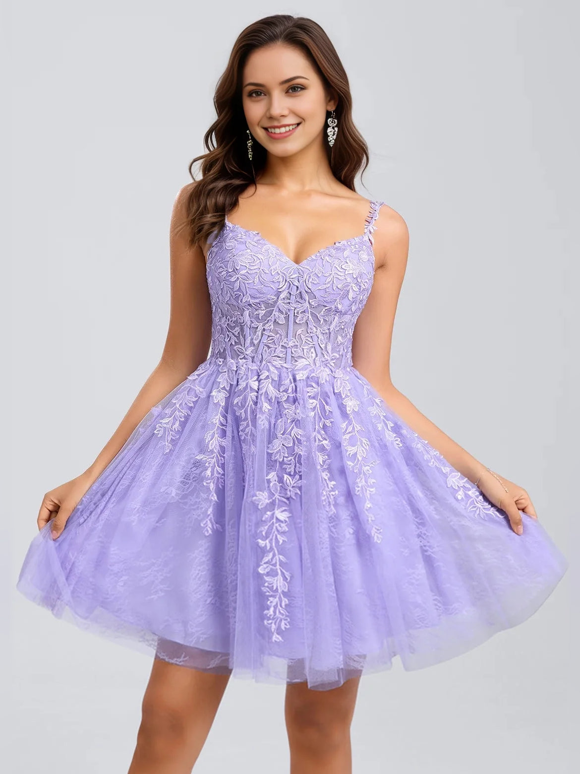 Light Purple mini homecoming dress, alternate view showing the dress shape and hem