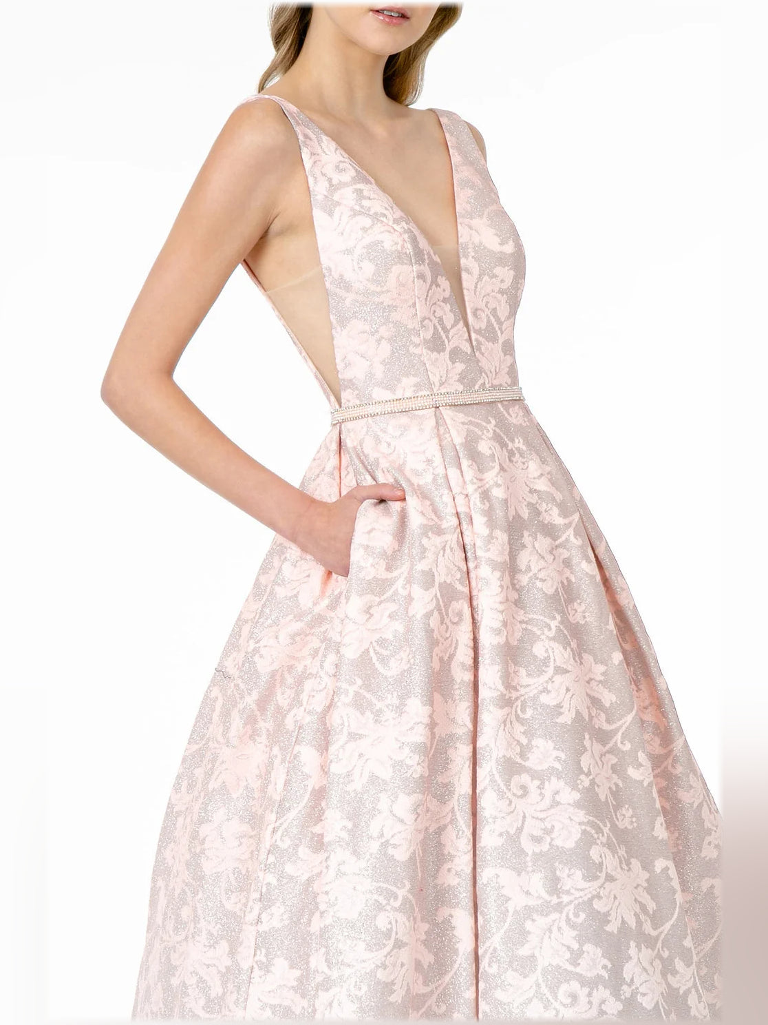 Mint Green a-line floor-length formal dress with beading, alternate view showing the bodice