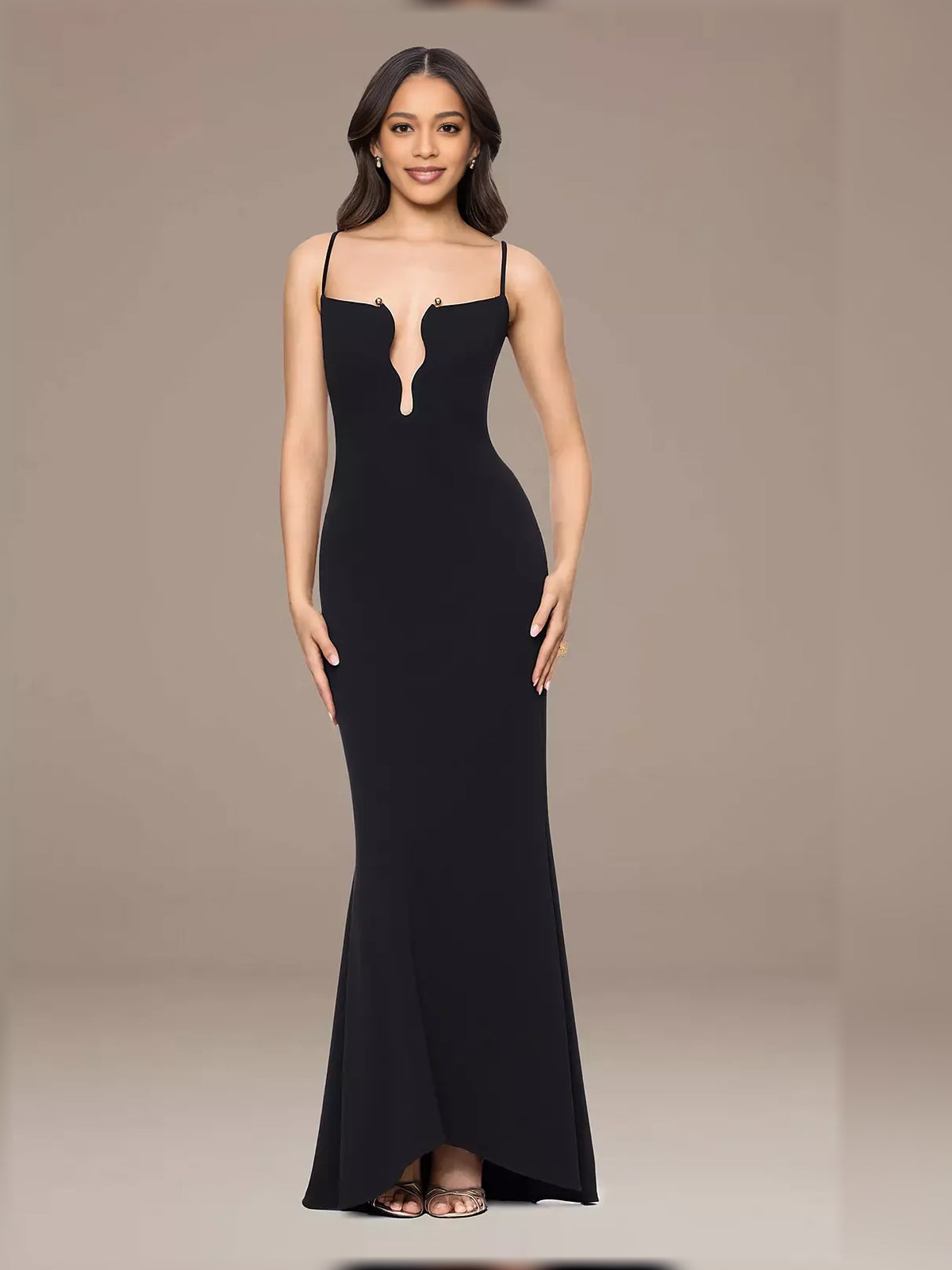 Black mermaid maxi formal dress with draping, alternate view showing the bodice
