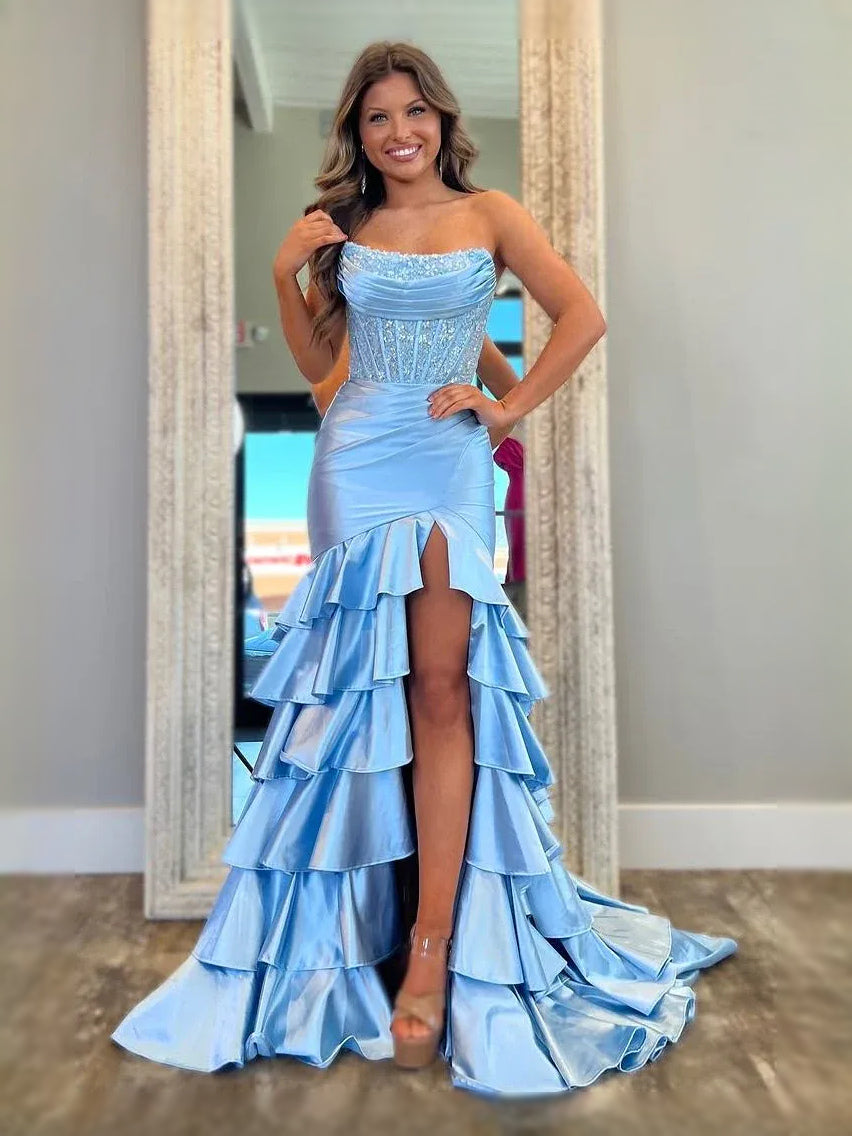 Blue floor-length prom dress, alternate view showing the dress shape and hem