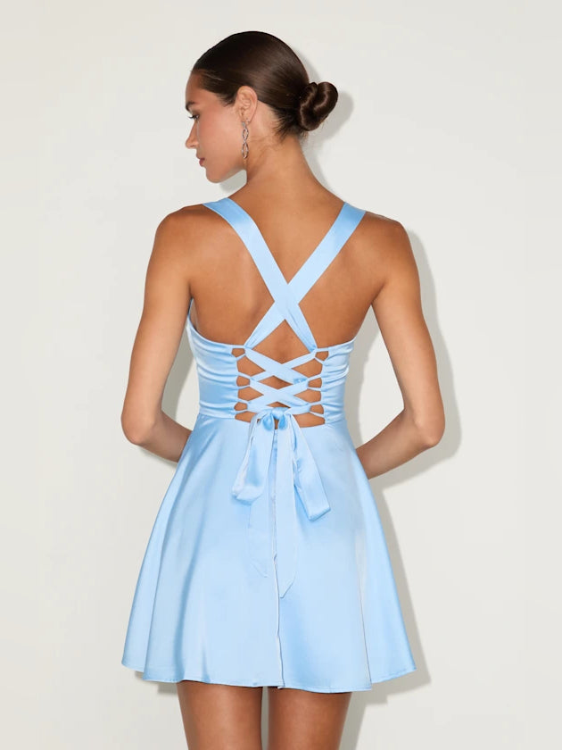 Light Blue mini homecoming dress, alternate view showing the dress shape and hem