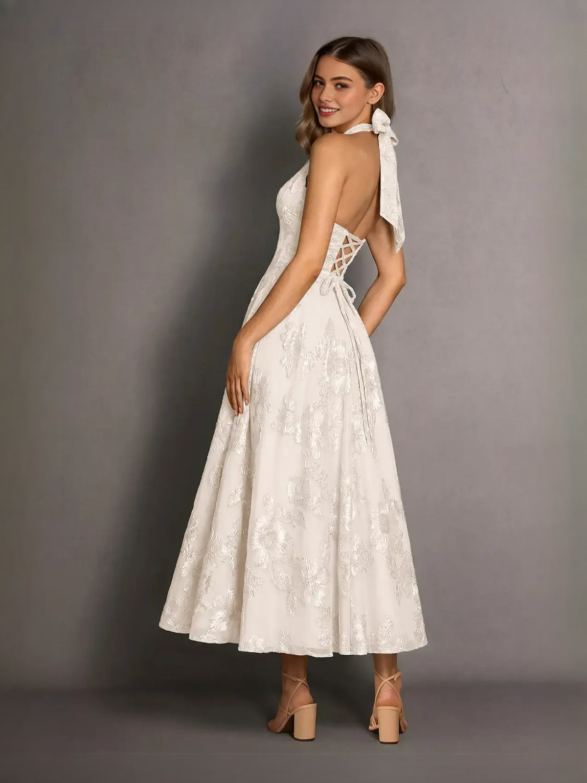 Ivory midi prom dress, alternate view showing the dress shape and hem