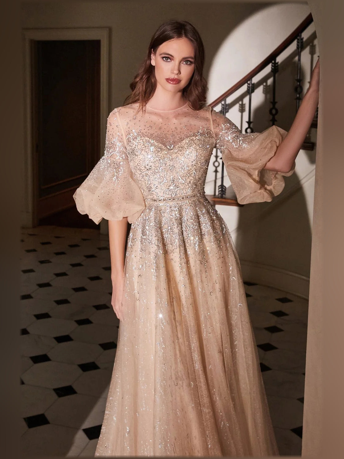 Champagne a-line floor-length formal dress with beading, alternate view showing the bodice